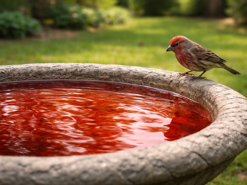 Close-up backyard bird bath with red-tinged water and a small bird nearby, showing the abnormal color.