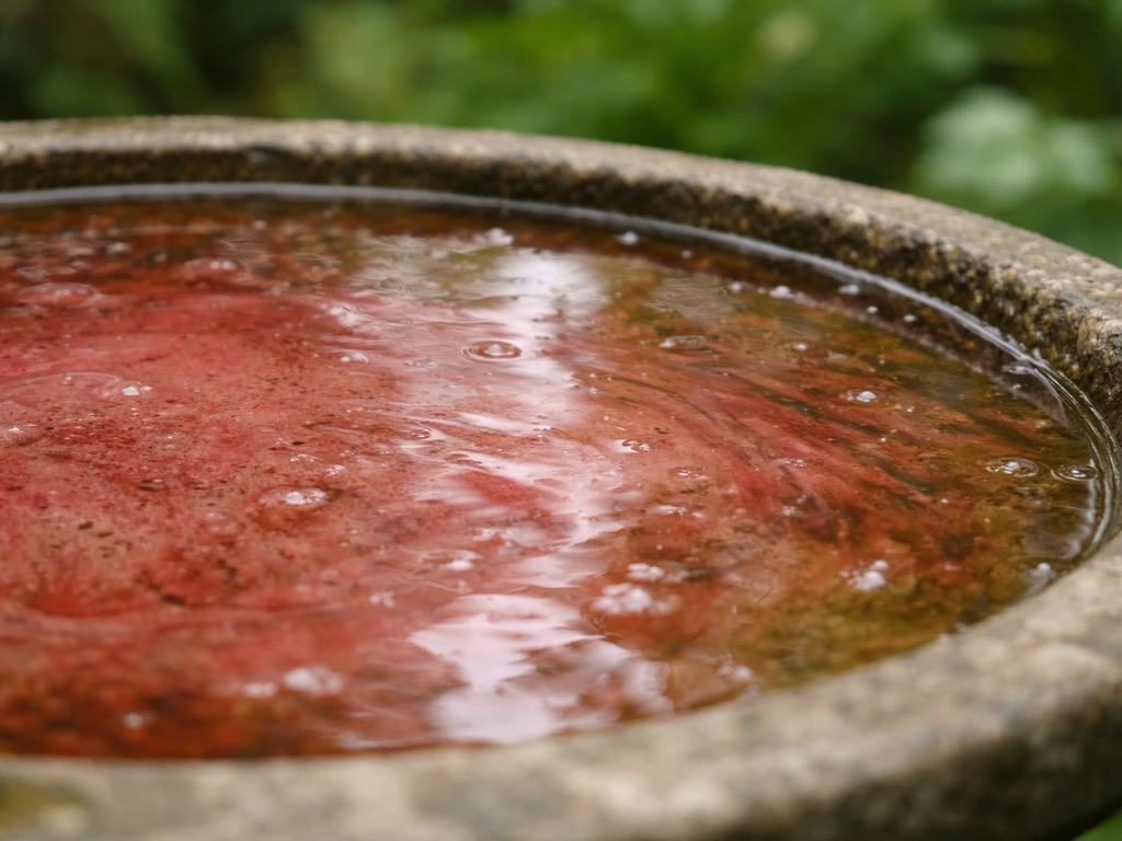 Close-up of a bird bath with water turning pink-red and a thin red film on the surface.