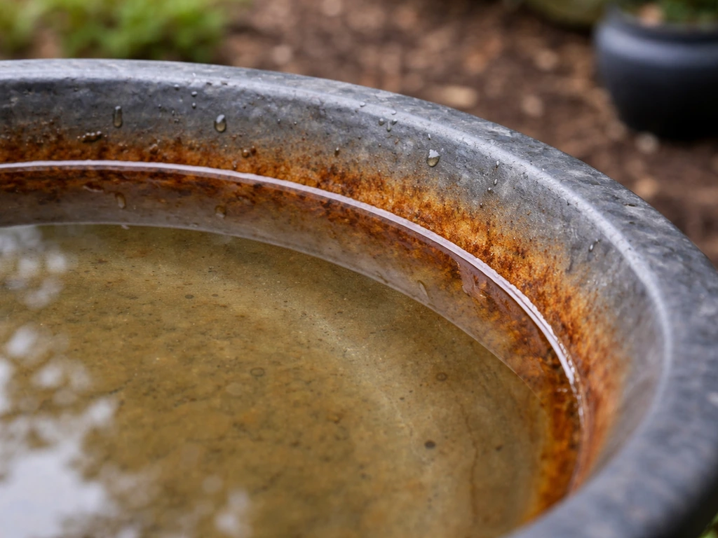 Close-up of a metal bird bath with rusty orange-brown waterline staining and clinging droplets.