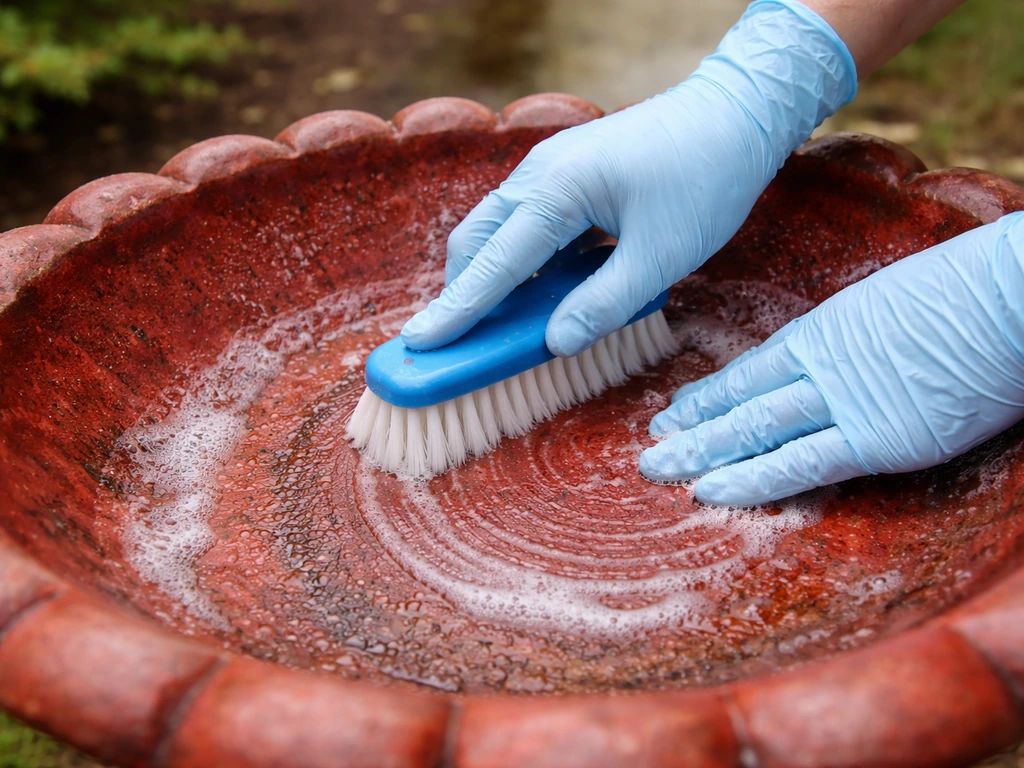 Gloved hands scrubbing a red bird bath basin with a dedicated brush and cleaning solution