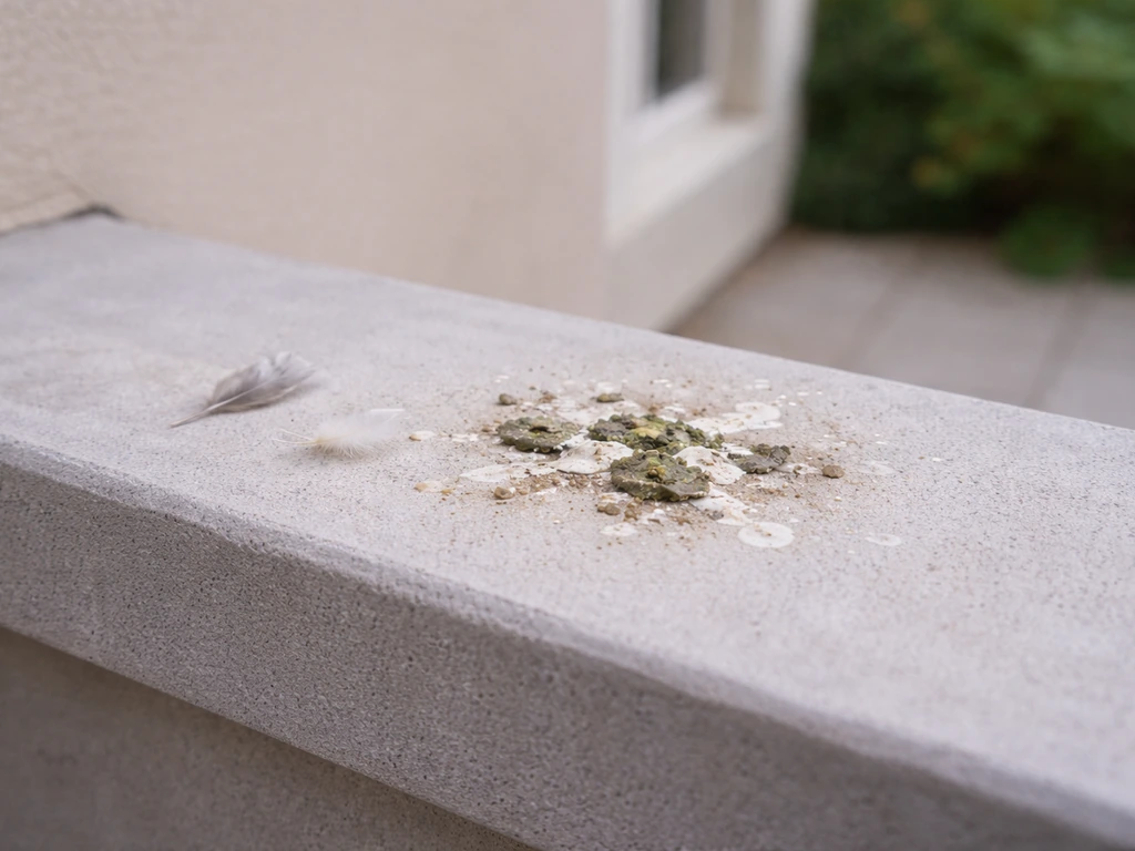 Bird guano visible on a home patio ledge, with small feathers and debris in natural outdoor light.