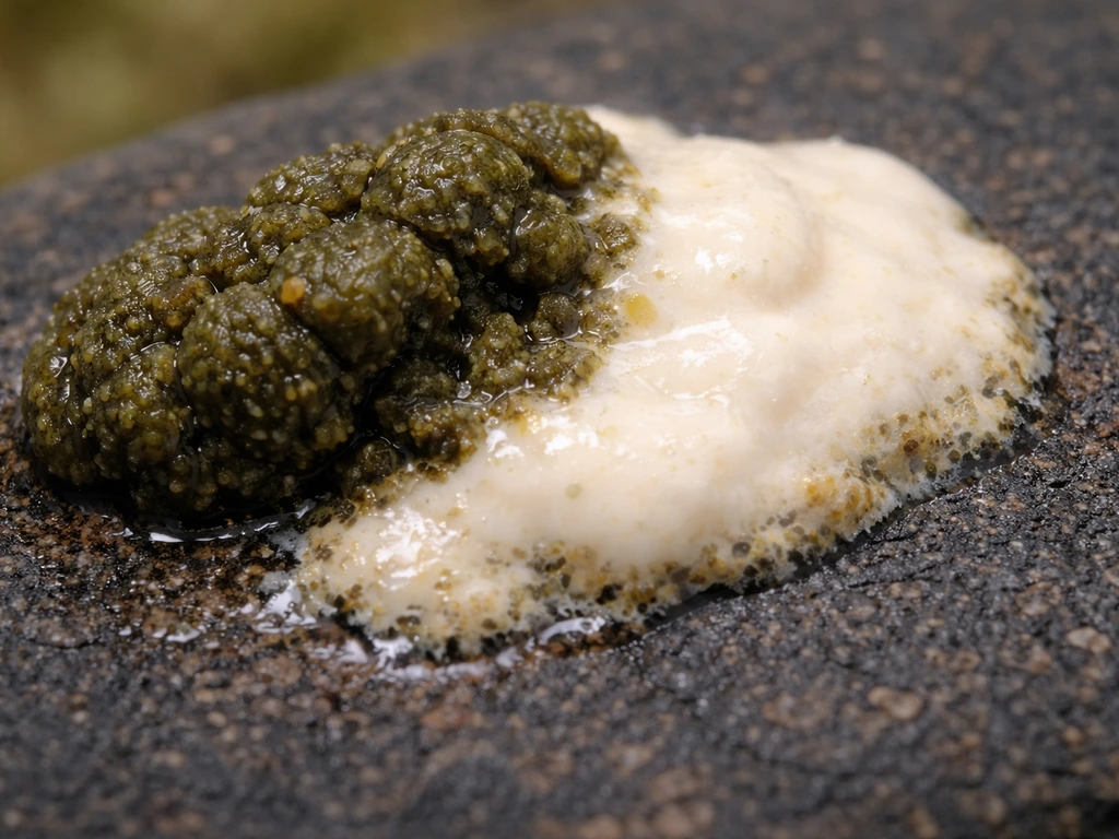 Macro close-up of bird guano showing dark solid and white creamy urates textures