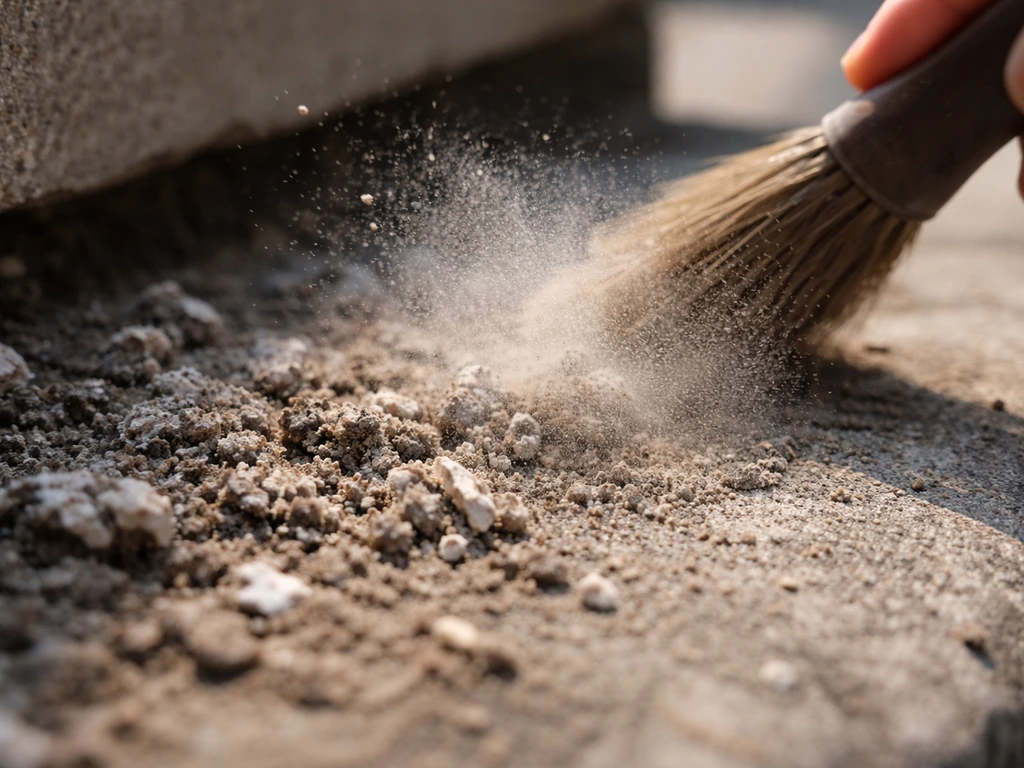 Close-up of dried bird guano dust puffing into the air as a surface is gently brushed.