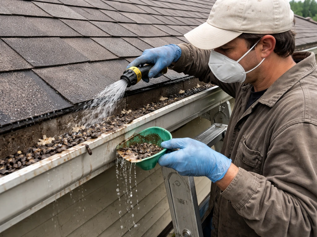 Anonymous person wearing N95 and gloves wets and scoops guano from a roof gutter with a hose.