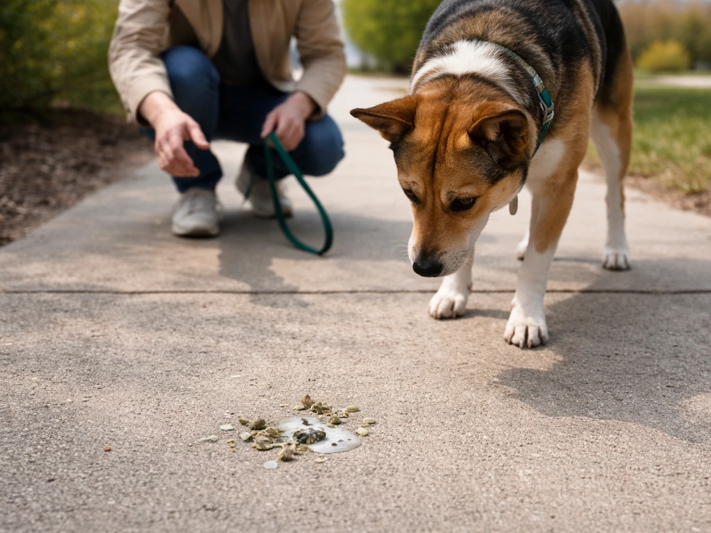 Owner crouches to stop a dog from approaching visible bird droppings outdoors.