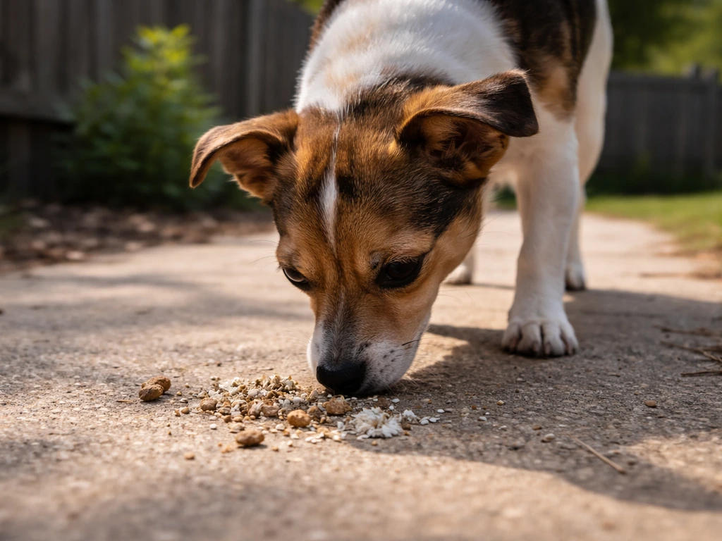 Small dog sniffing bird droppings on a backyard walkway