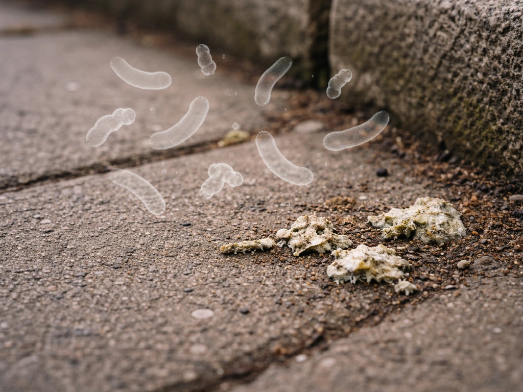 Close-up of bird droppings on a sidewalk with a subtle bacterial overlay to suggest Salmonella risk.