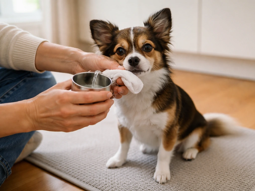 Owner gently rinses a small dog’s mouth with water after suspected bird poop exposure
