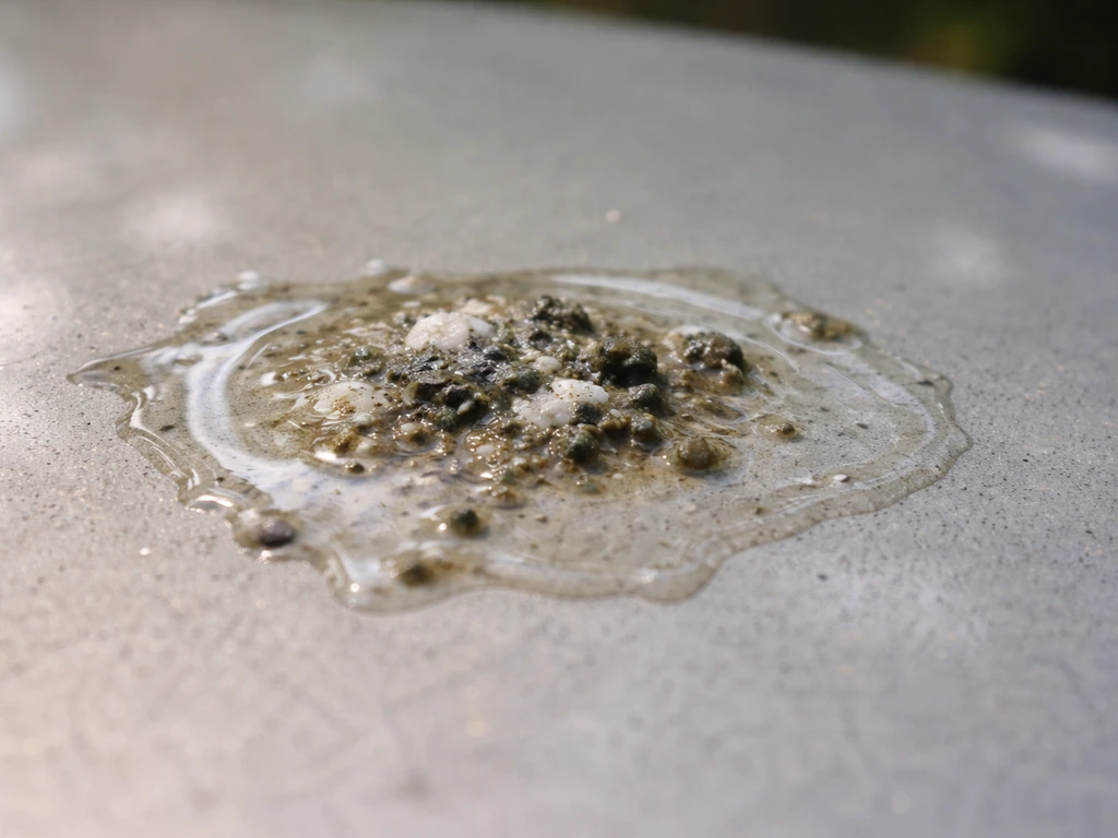 Watery bird droppings with clear liquid pooling and darker/white parts on a neutral outdoor surface.