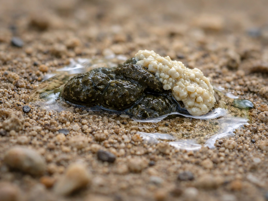 Close-up macro of bird droppings showing dark feces, white urates, and a clear watery portion on ground