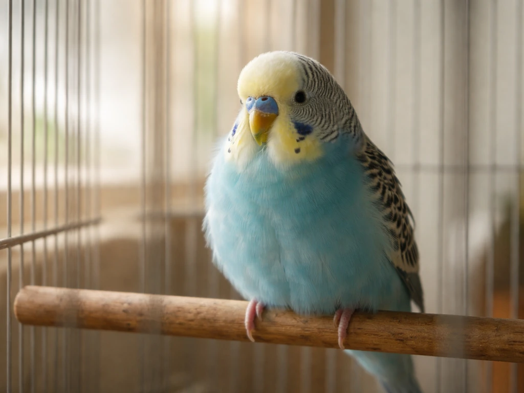 A fluffy pet bird sitting alert in its cage, suggesting subtle health warning signs without showing mess.