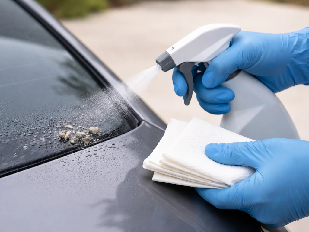 Gloved hands spraying water on bird droppings, then wiping with disposable paper towels to prevent dust.