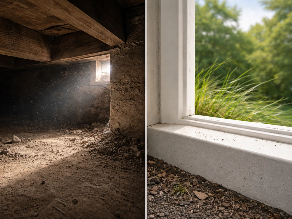 Split-view photo showing a dusty crawl space corner versus a clean outdoor ledge with airflow