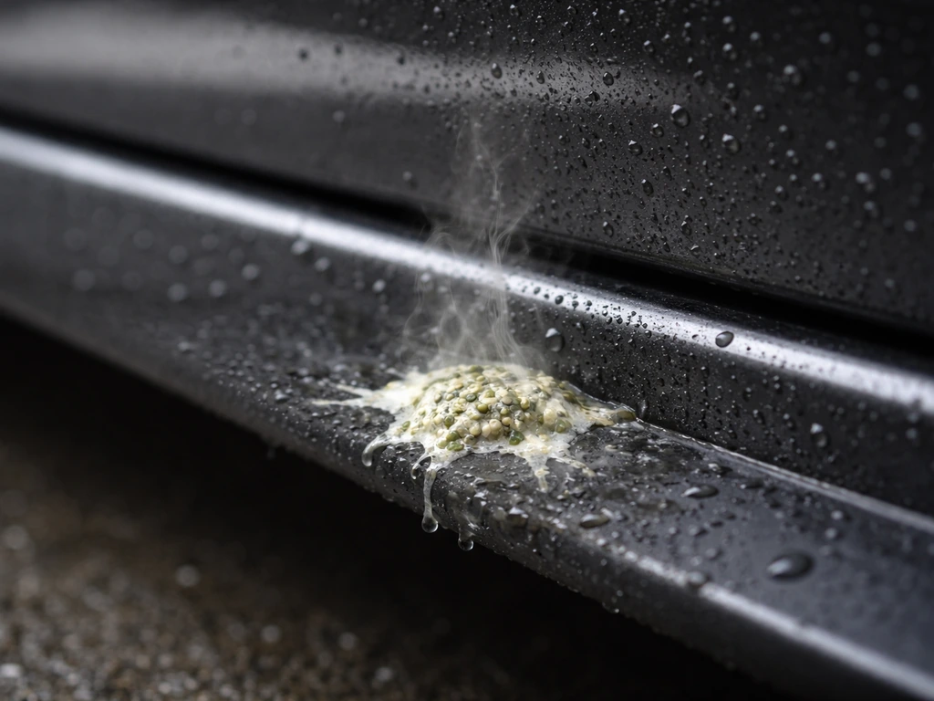 Macro close-up of bird droppings on a car with faint haze suggesting a strong ammonia-like smell.