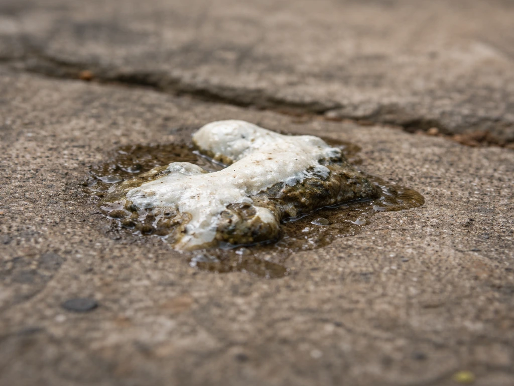 Closeup of fresh bird droppings on concrete, showing chalky white and dark earthy parts with slight moisture.
