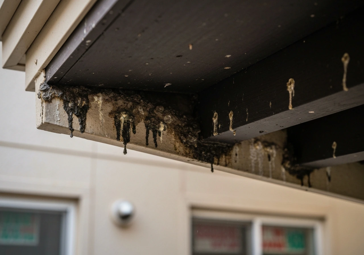 Warm sheltered roost corner with bird droppings buildup under an eave and dim, stale air feel