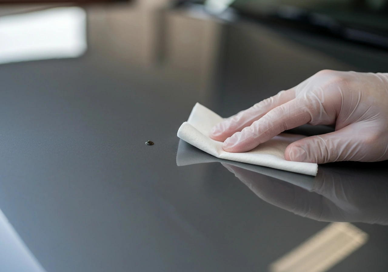 Gloved hand wiping a single bird dropping on a car paint surface with a cleaning wipe