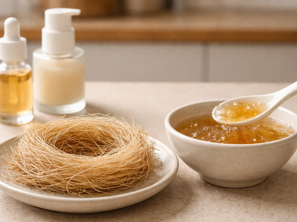 Close-up of a small bird’s nest beside a bowl of bird’s nest soup and skincare bottles in soft light.