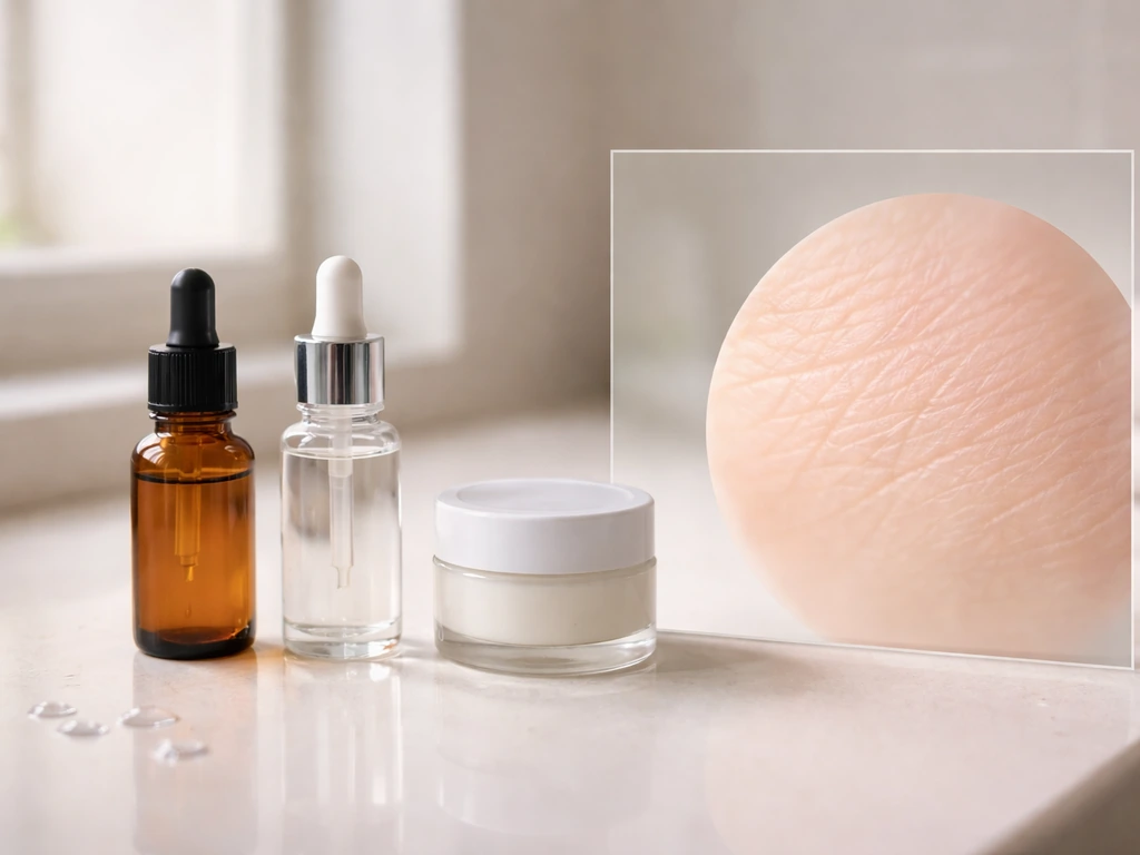 Minimal skincare setup with serum, moisturizer, and a subtle magnified skin texture overlay effect.