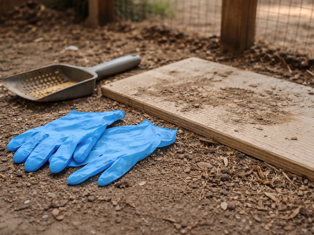 Disposable nitrile gloves next to a soiled backyard coop surface, suggesting contamination and infection risk.
