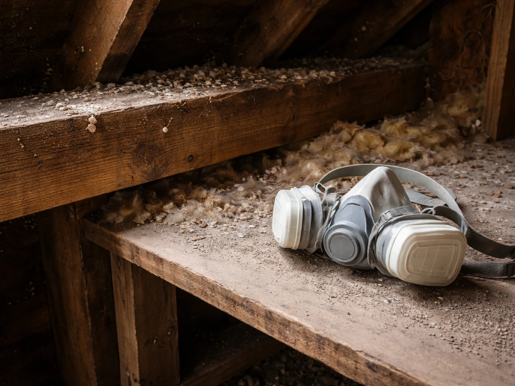 Dusty attic corner with bird droppings and a HEPA respirator mask resting nearby.