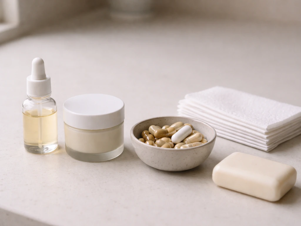 Minimal still life of unlabeled vitamin C serum, cream treatment, supplements, and soap for safer options.