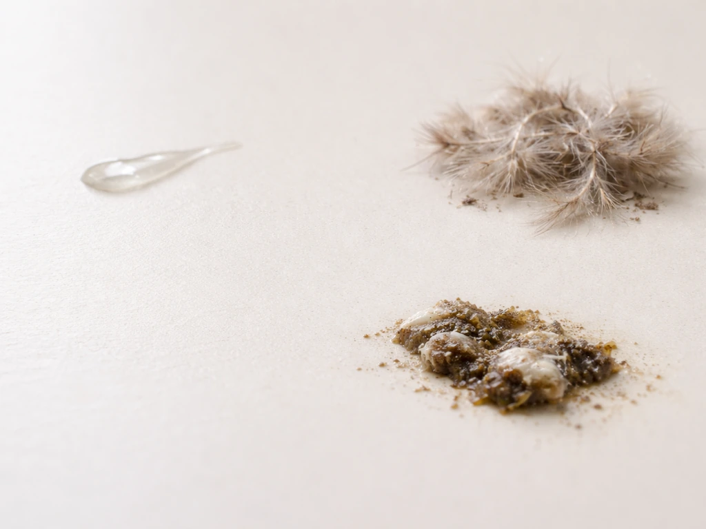 Minimal close-up of three separate samples: a thin bird saliva-like droplet, bird droppings, and fluffy feather dander.