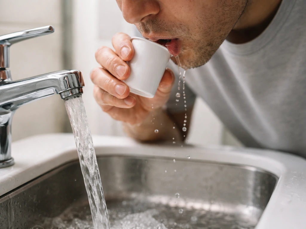 Anonymous person rinsing their mouth under a running bathroom faucet with visible water droplets