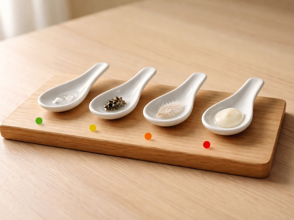 Minimal tabletop setup with four natural bird-material samples in spoons and simple colored risk dots.