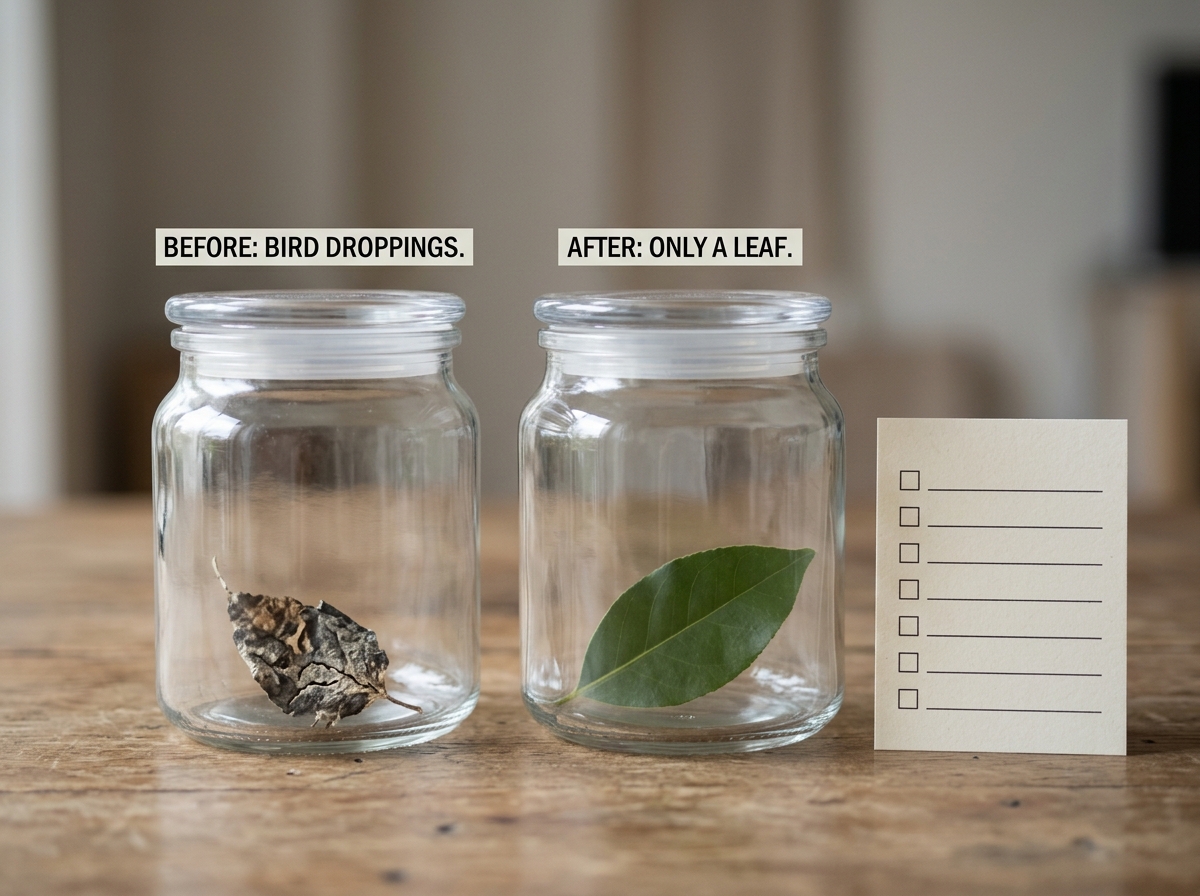 Dried bird droppings in a jar next to a leaf to contrast superstition vs reality.