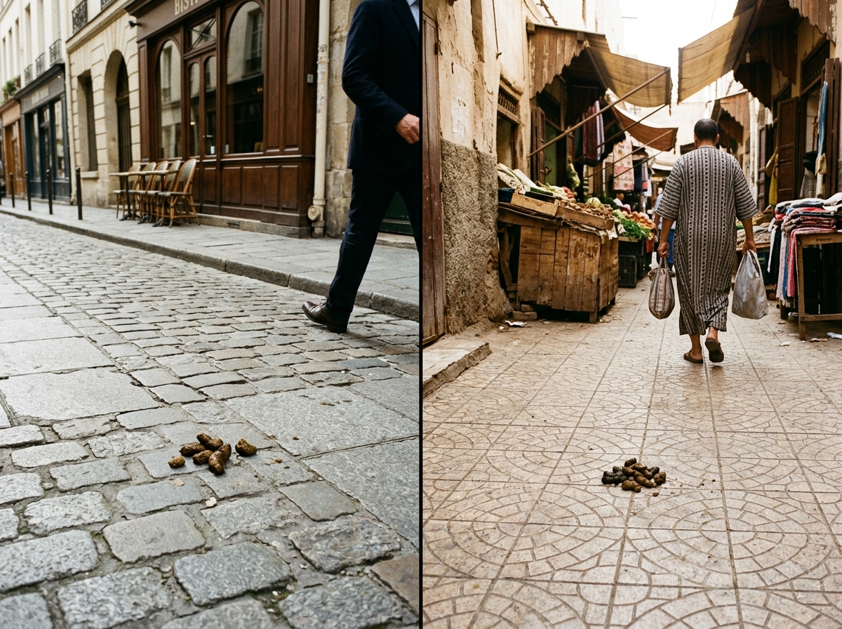 Bird droppings on different streets to show lucky vs unlucky interpretations vary by tradition.