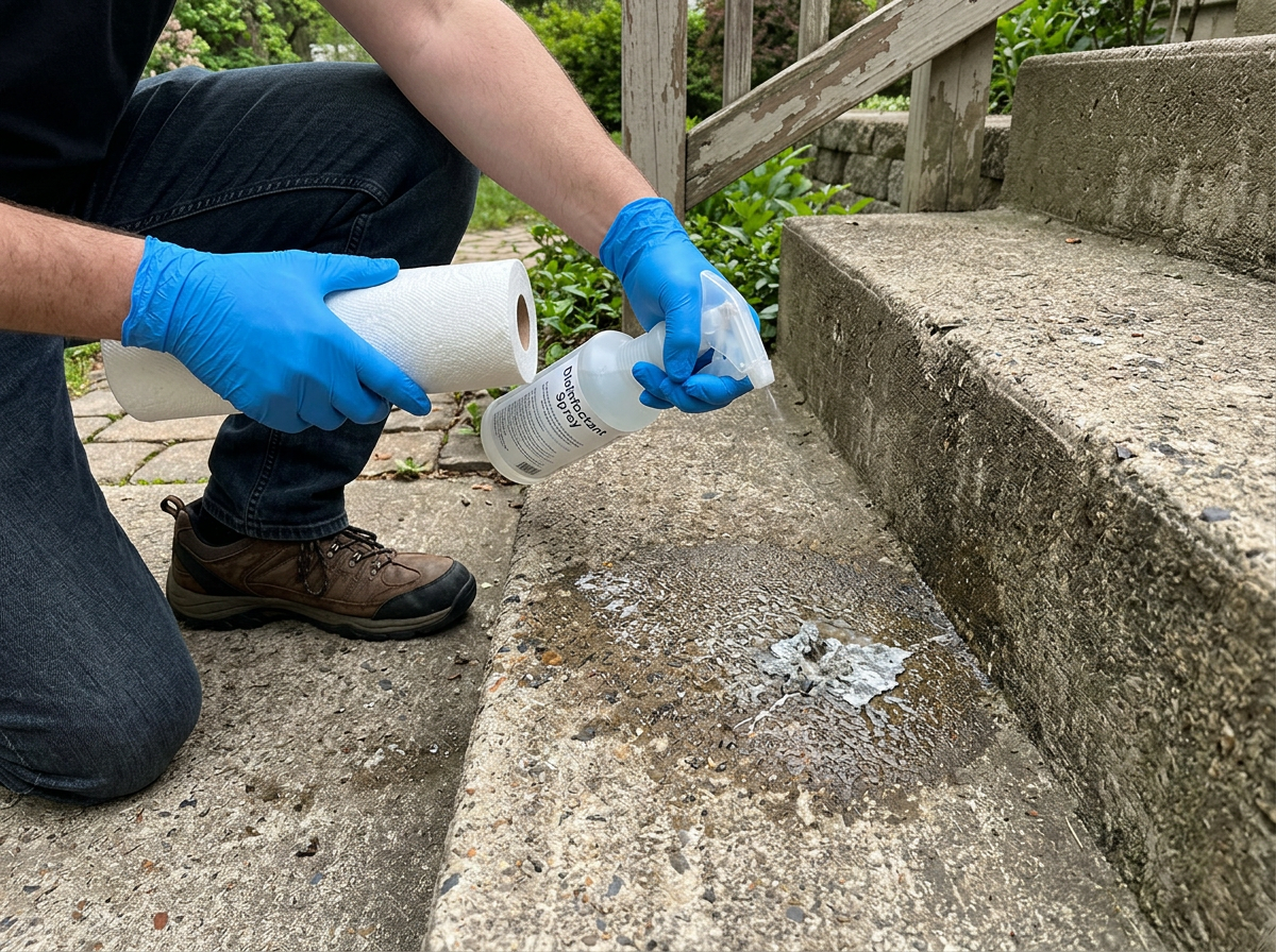 Gloved hands wet and wipe bird droppings on an outdoor concrete step for cleanup.