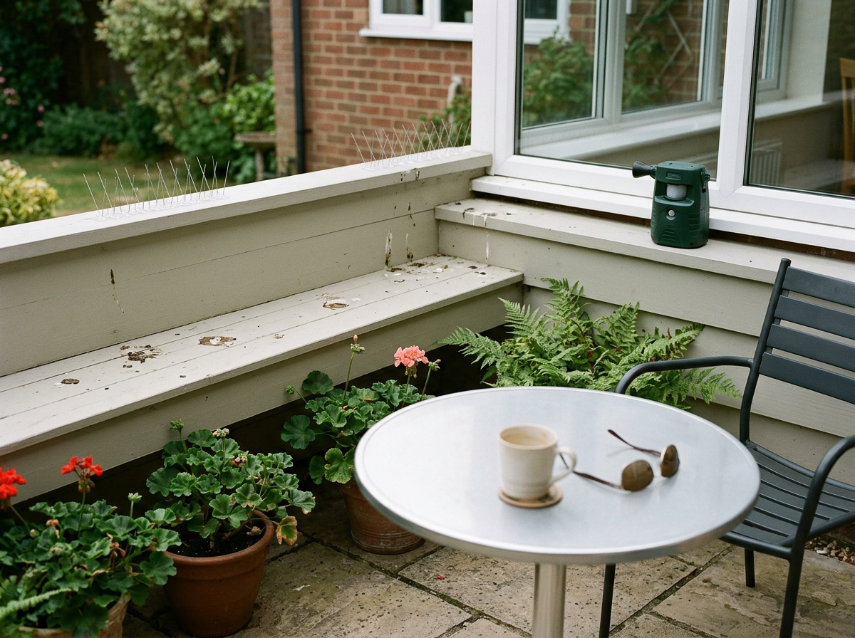 Practical prevention setup with bird spikes and a motion device to reduce droppings.