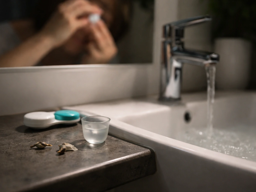 Bird droppings near a sink with hands preparing immediate eye rinsing, no injury visible.