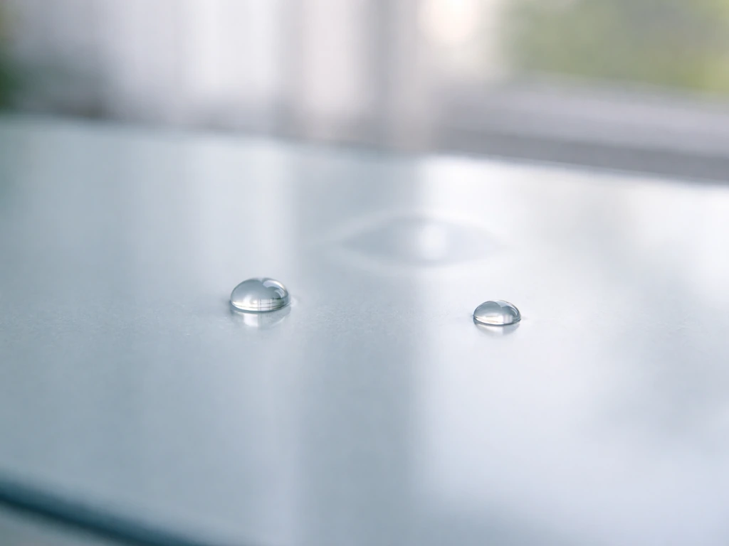 Close-up of a glass surface with two tiny water droplets near a soft eye-shaped reflection, calm and non-alarming