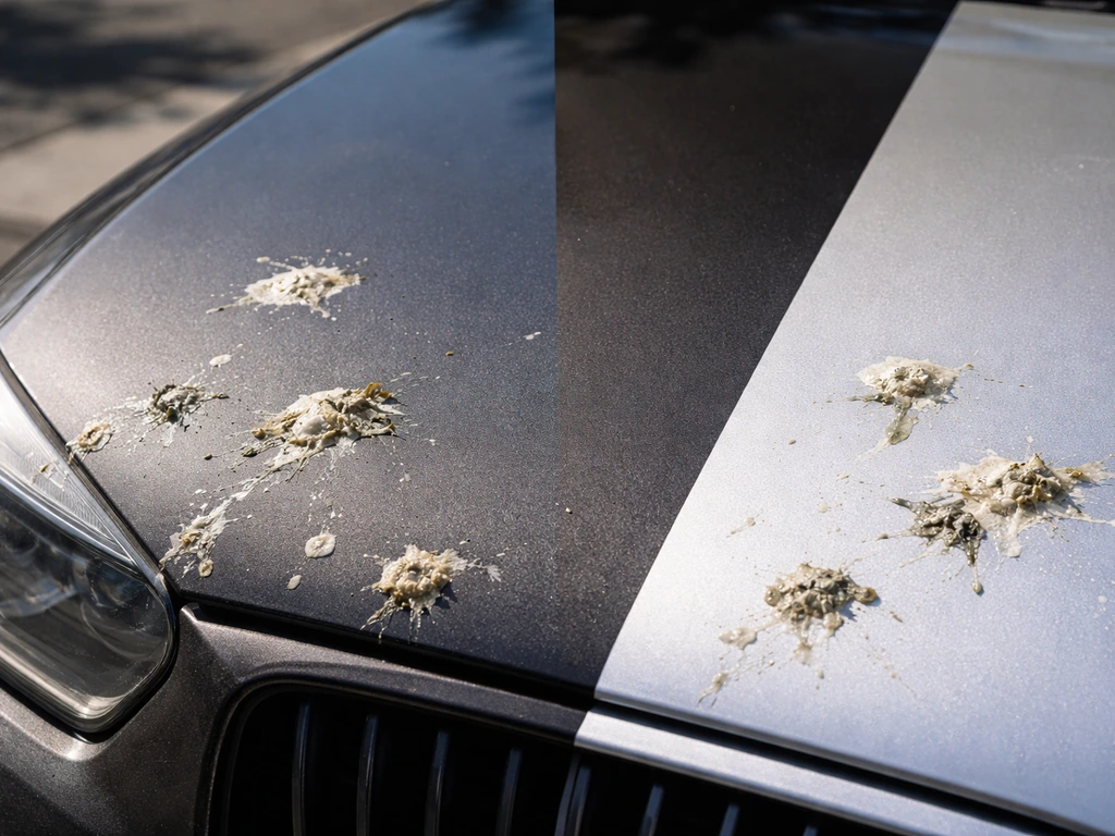 Car hood with noticeable bird droppings, next to a split-color car surface suggesting color influence