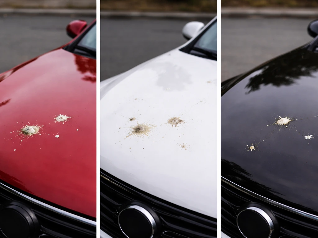 Close-up of different colored parked cars with small bird droppings on their hoods.
