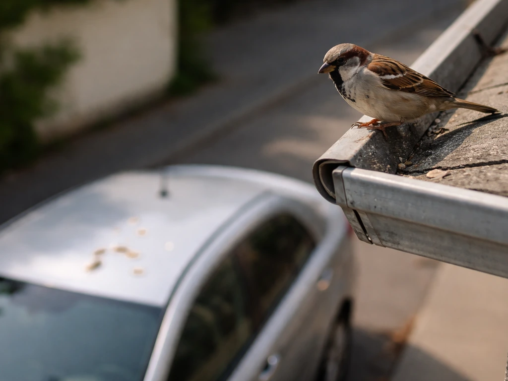 A small bird perched on a roof overhang above a parked car, droppings visible on the car below.