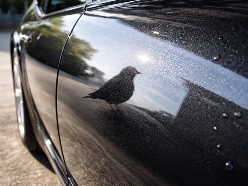 Close-up of a shiny, waxed car panel with a bird-shaped reflection in the glossy paint.