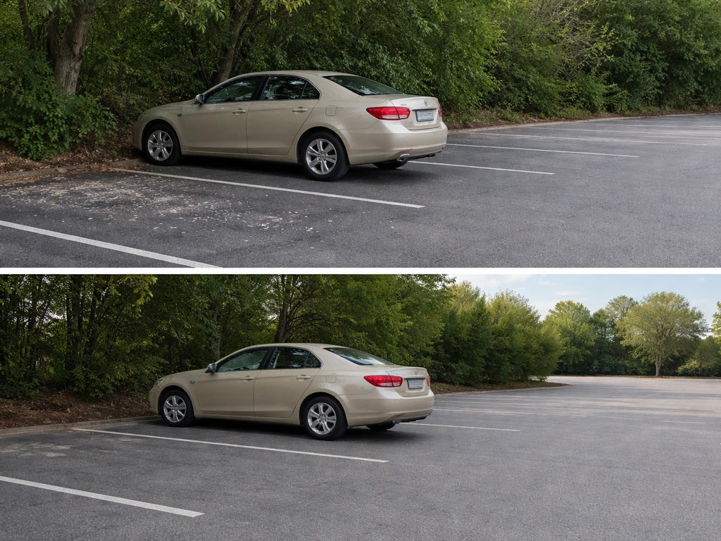 A car repositioned from under a tree line to a farther open-lot spot to reduce bird droppings.