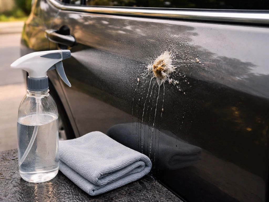 Warm mist from a sprayer soaking fresh bird droppings on a car, with a microfiber cloth ready to wipe.