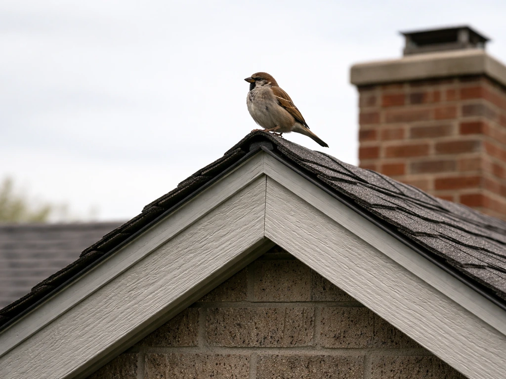 A small bird perched on a roof peak with droppings minimal on the nearby surface