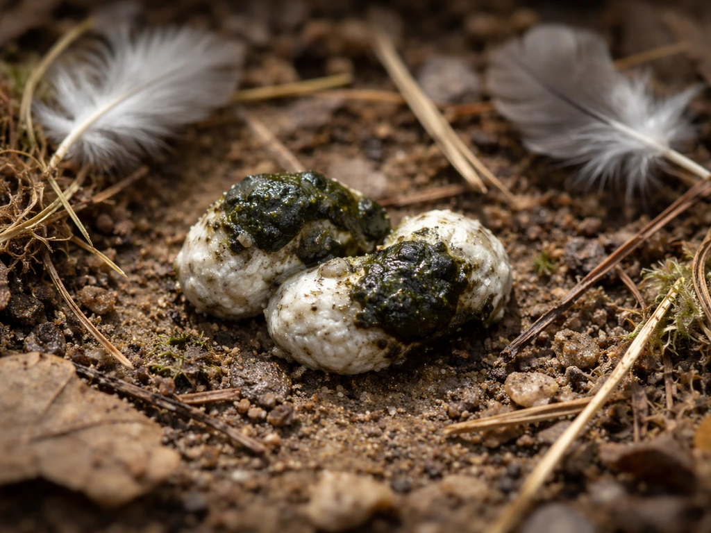 Close-up of two-tone bird droppings with nearby feathers and nest material on a natural surface.