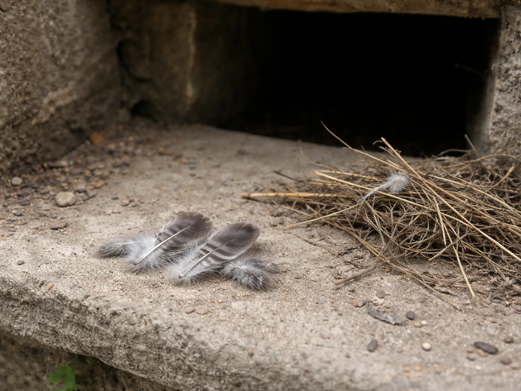 Feathers and small nest material (twigs/grass and a bit of fiber) near an attic entry ledge.