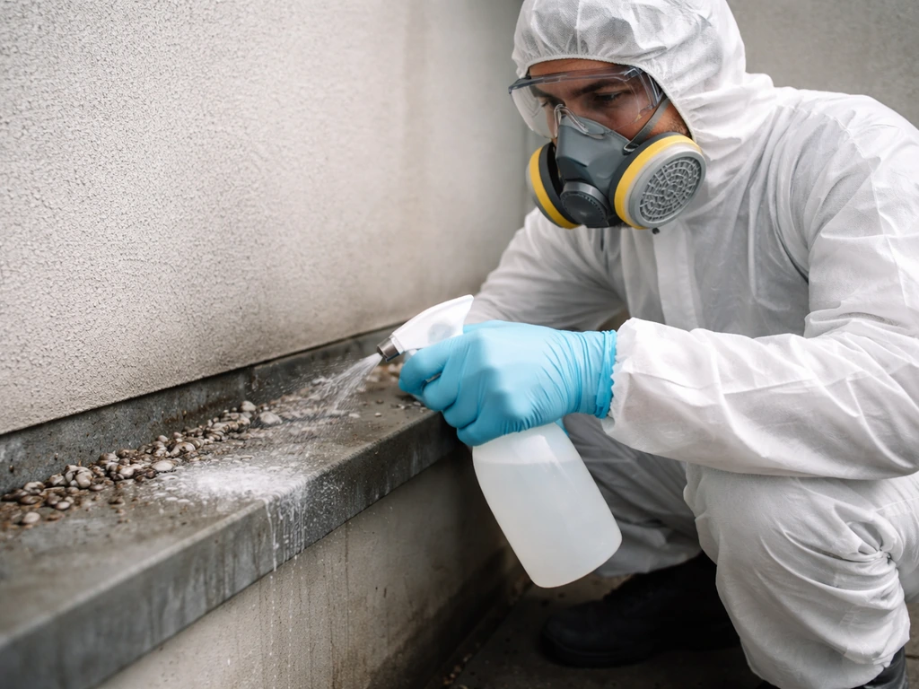 Maintenance worker in protective gear spraying soapy water to wet droppings before wiping outdoors.