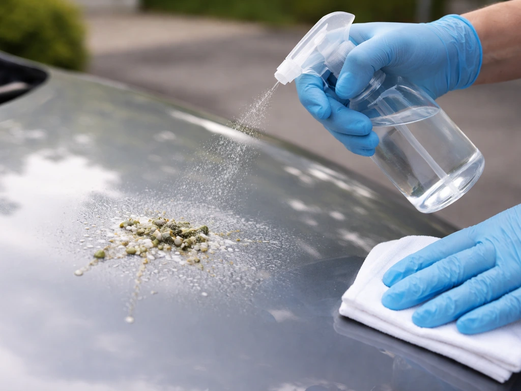 Gloved hands spray bottle wetting fresh bird droppings on a car before wiping