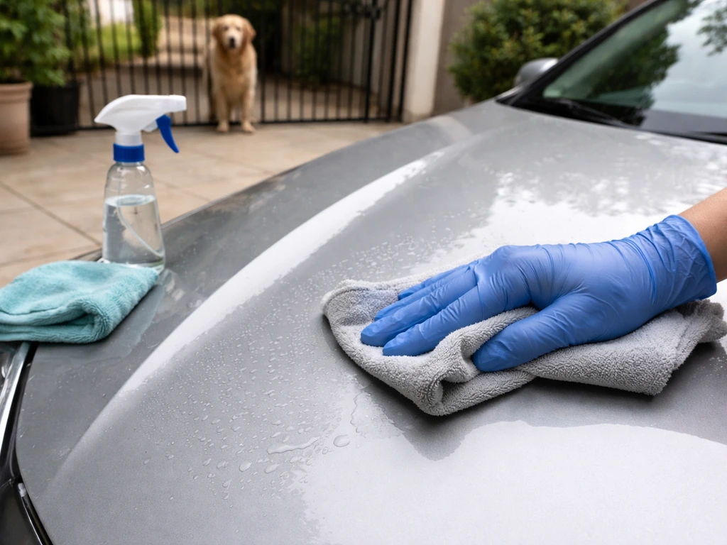 Person rinsing a small bird dropping off a patio car hood near a pet-safe cleanup setup