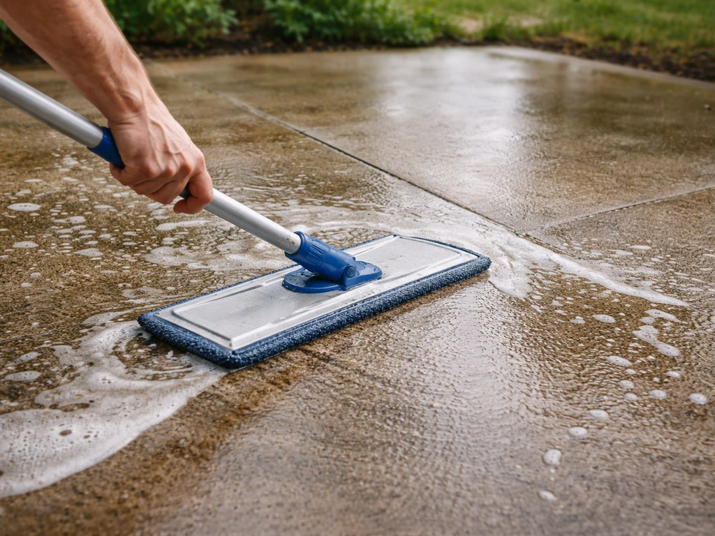 Person mopping concrete patio with soapy water after cleaning softened droppings
