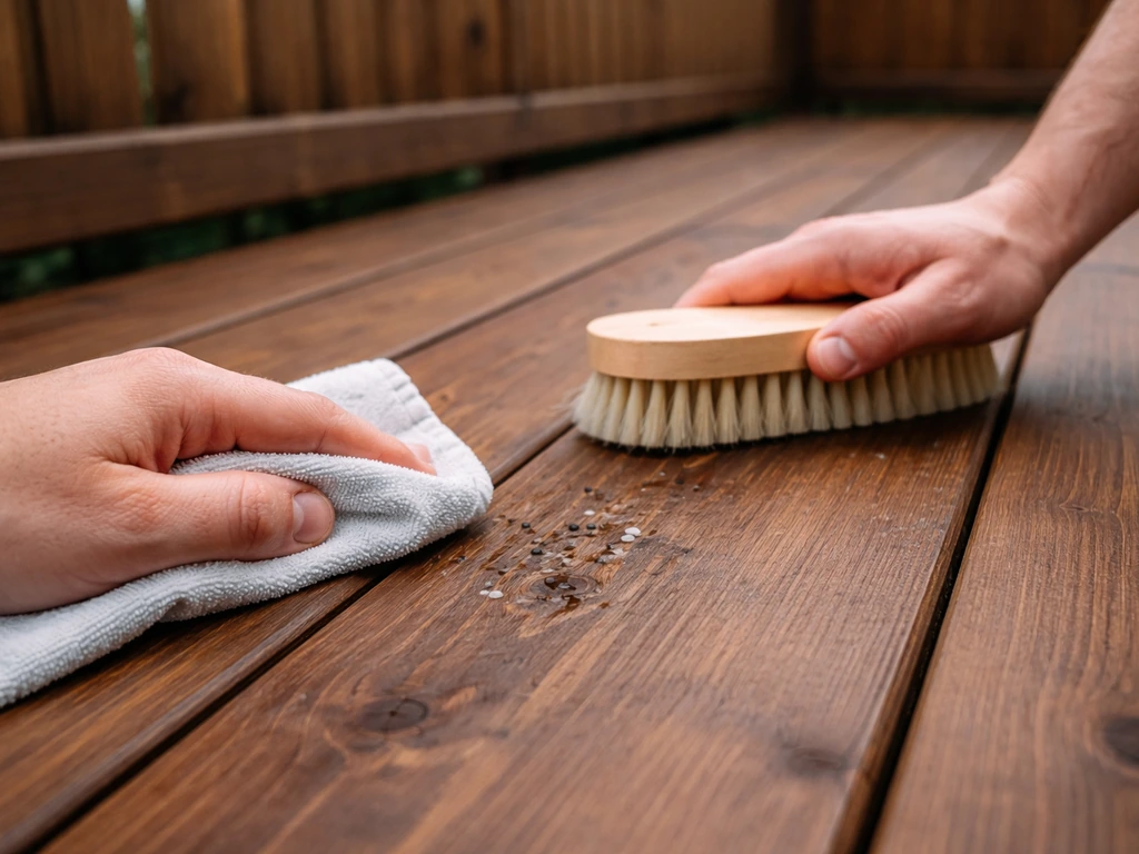 Person gently wiping stained wood deck with a damp cloth, then brushing residue in the wood grain