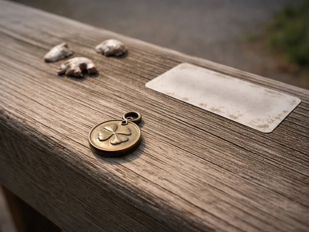 A small tarnished “good luck” charm beside bird droppings and a blank caution sticker on wood.